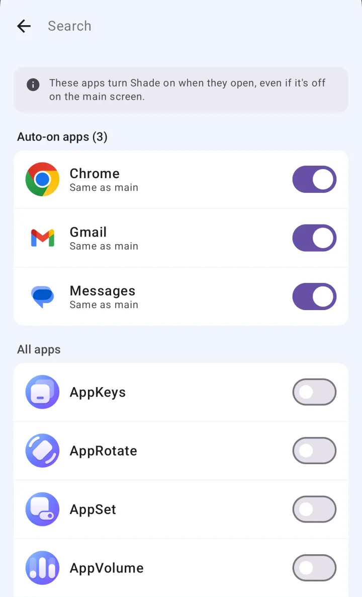 The Auto-on screen with Chrome, Gmail and Messages switched on, above the list of all apps.