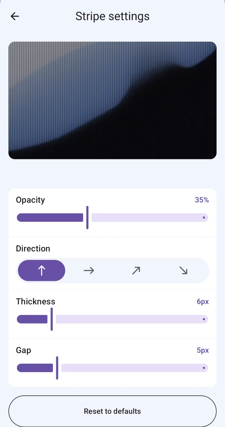 Stripe settings with sliders for opacity (35%), thickness and gap, and buttons for stripe direction.