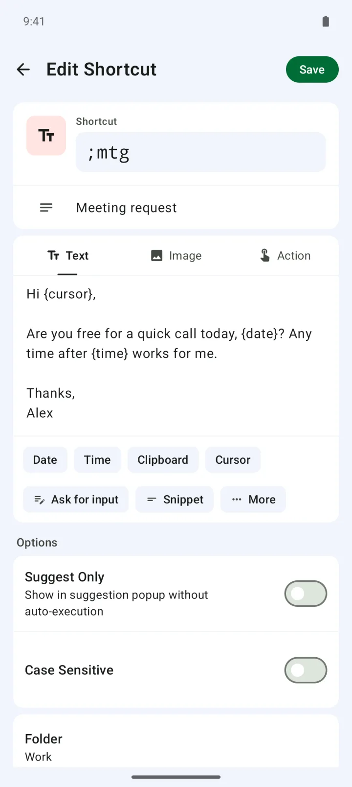 The shortcut editor, with date and time variables in the text.