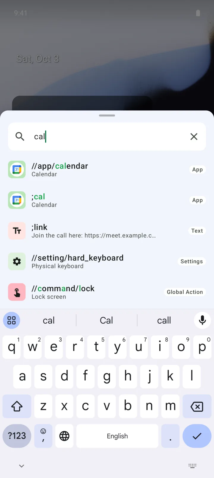 A search panel listing apps, settings and shortcuts that match the query.