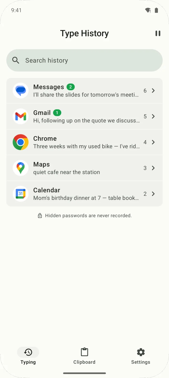 The Typing tab in Type History, with saved text grouped by app: Messages, Gmail, Chrome, Maps and Calendar.