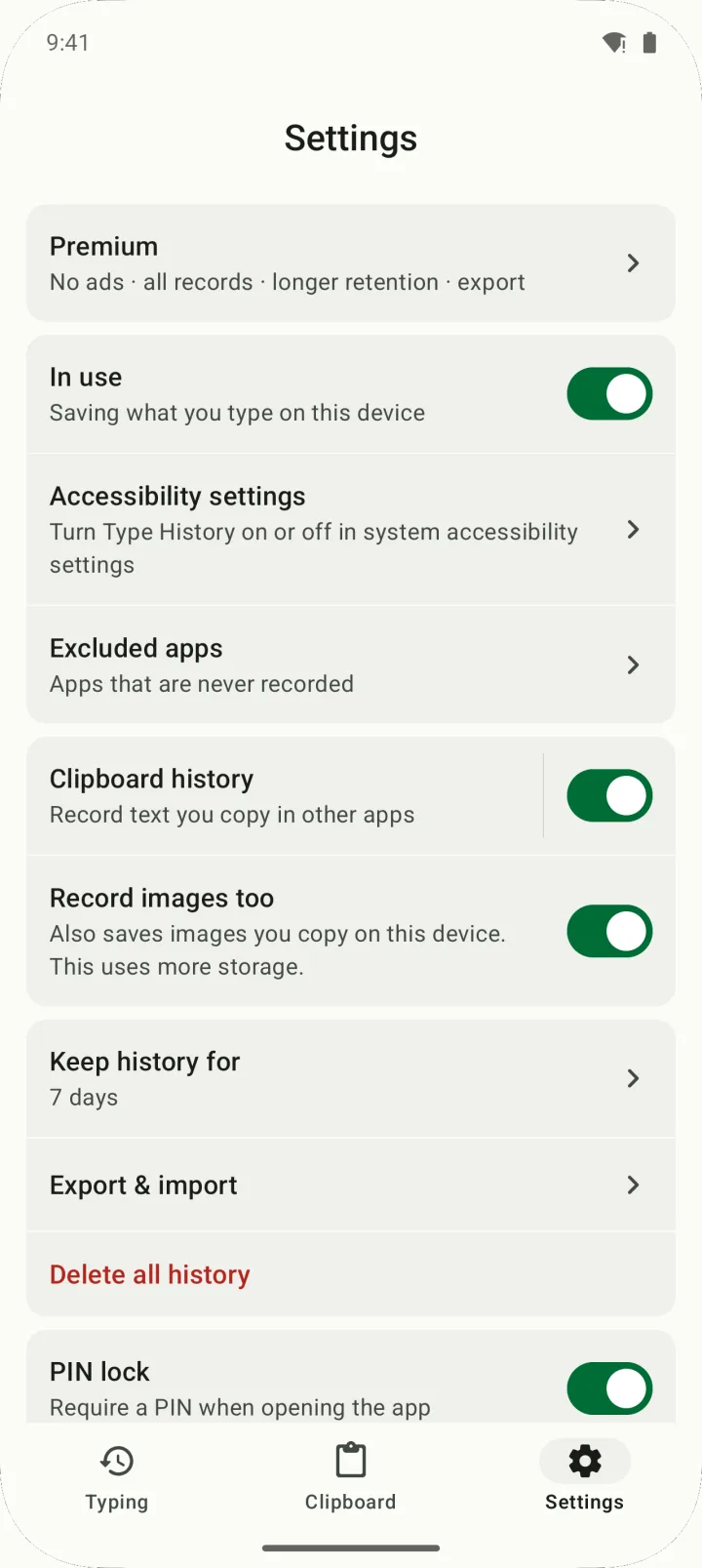 Settings, with the In use switch, Excluded apps, clipboard history and retention options.
