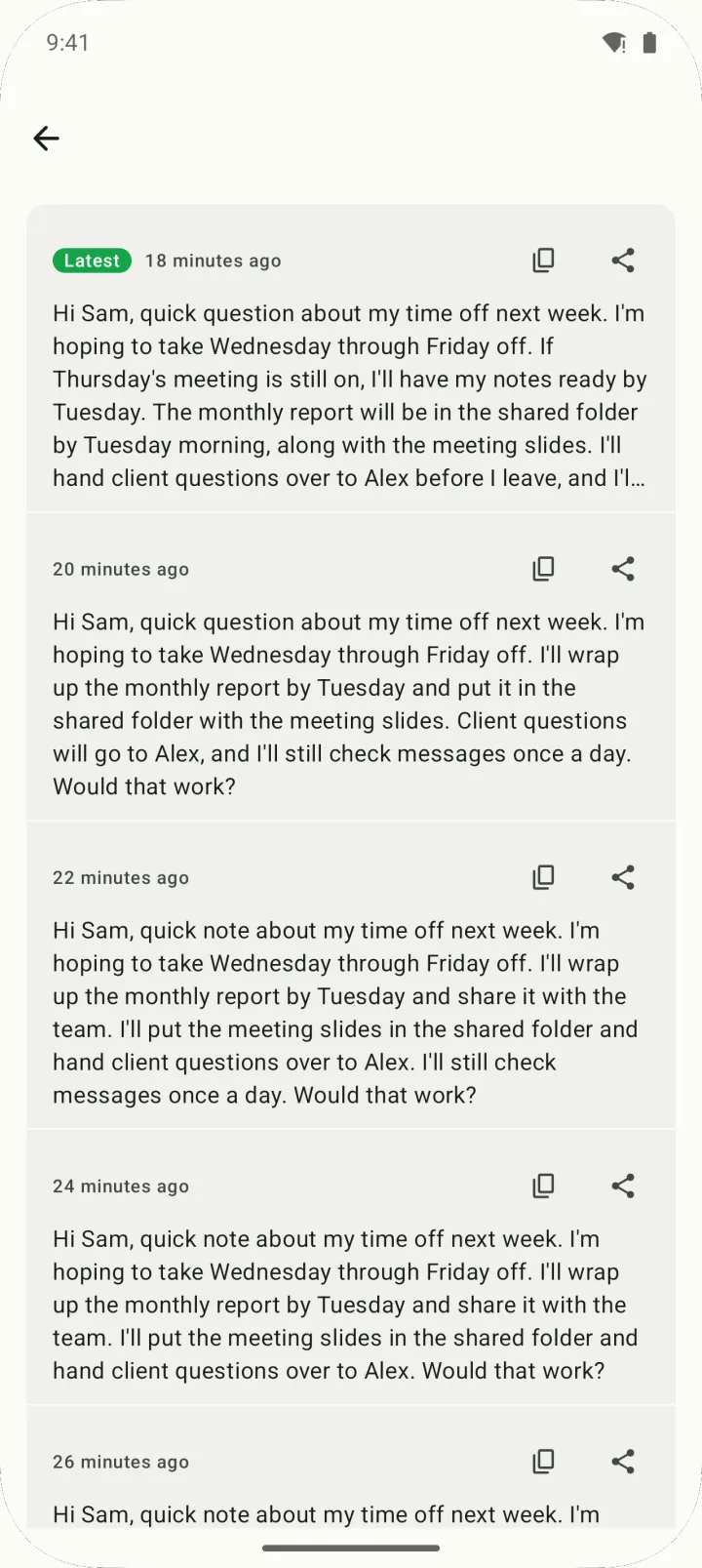 Version history for one message, with the latest version at the top and earlier drafts below.